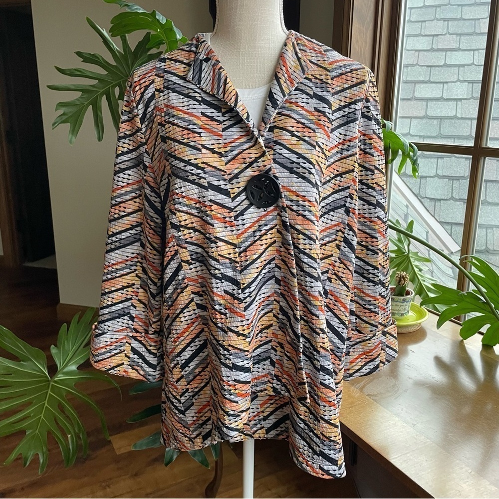 IC by Connie K One Button Asymmetric Geometric Print Wearable Art Jacket M